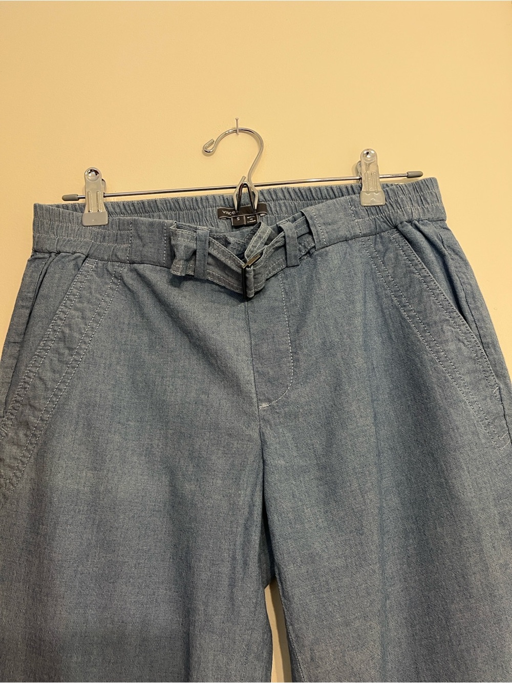 Vince Light Blue Linen Chambray look Trousers, Self Belt cuffed ankles SMALL